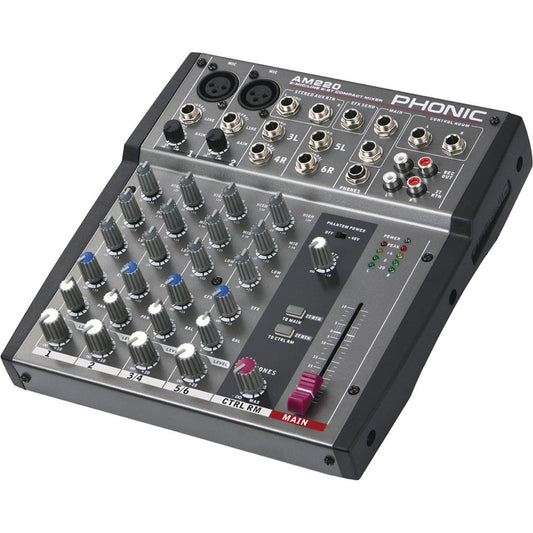 Phonic AM-220P 2-MIC/LINE 2-Stereo Input Compact Mixer with 3-Band EQ, 48 VDC Phantom Power, and One Stereo AUX Return