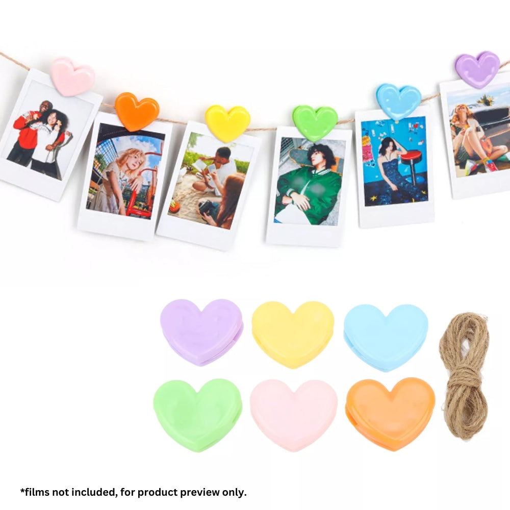 Pikxi 6pcs Heart Shaped Photo Clip Hangers with Jute String for Instax mini SQUARE and WIDE Film Camera