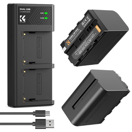 K&F Concept NP-F970 2pcs (2-Pack) 6600mAh Battery + Dual Bay Charger Set Kit, Overall Charging Protection, USB Type-C / Micro USB Ports for Sony Camcorders, LED and Ring Lights and On-Camera Monitors