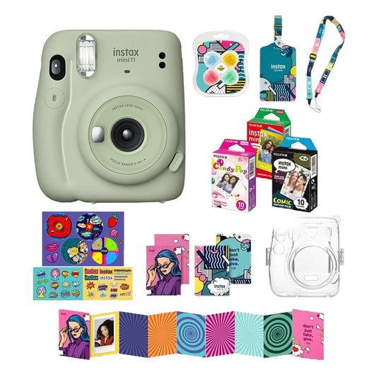 FUJIFILM Instax Mini 11 Pop Art Edition Package Bundle Kit with Mini Random Film 10s, Acrylic Case, Bag Tag, Neck Strap, Accordion Albums, Colored Lens, and Sticker Sheets - Pastel Green