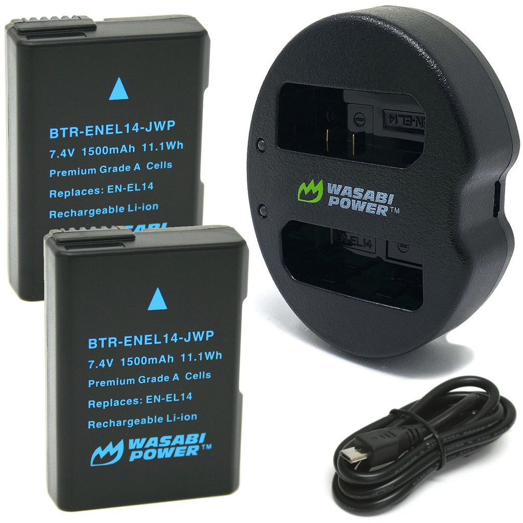 Wasabi Power EN-EL14 ENEL14 (2 Pack) 7.4V 1500mAh Battery and Dual USB Charger Kit with Power Indicators for Select Nikon EN-EL14a, MH-24, Coolpix, D3100 D3200 D3500 D3600 and Df Digital Compact Camera