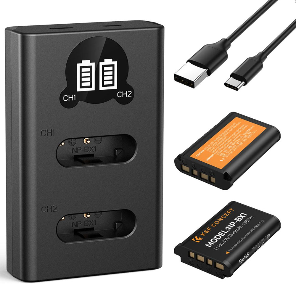 K&F Concept (2-PC) NP-BX1 Battery & Charger Kit - 1240mAh Batteries & Dual Charging Dock with Micro-USB/Type-C Input for Sony ZV-1M2, ZV-1F, ZV-1, RX100, RX1R II, RX1, HX99/95/80/60/50, HX400/350/300, WX800/700/500/350/300 Cameras | NPBX1