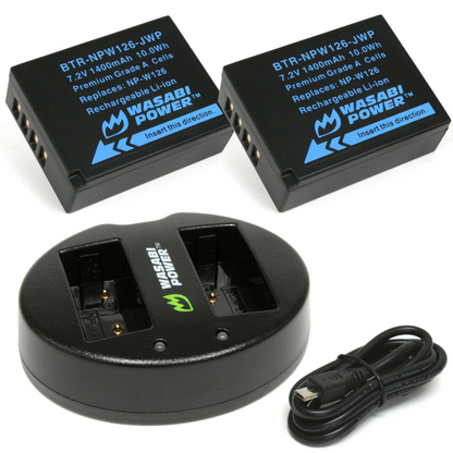 Wasabi Power NP-W126 NPW126 (2 Pack) 7.2V 1400mAh Battery & Dual USB Charger Kit w/ Power Indicators for Fujifilm HS30EXR, X-A1 X-A5 X-A10, X-E1 X-E2 X-E2s X-E4, X-H1, X-M1, X-Pro1 X-Pro2 X-Pro3, X100F X100V Mirrorless Camera
