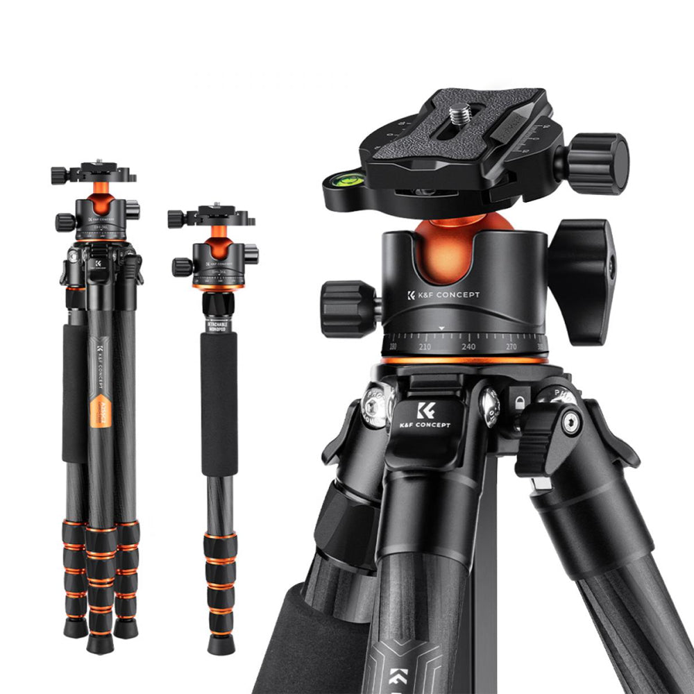 K&F Concept 360 Degree Ball Head 5-Section Carbon Fiber Tripod + Monopod with 15kg Max Load Capacity, 1.5m Max Height, 1/4" 3/8" Threaded Mounts for DSLR Mirrorless Cameras | A255C2+BH-36L