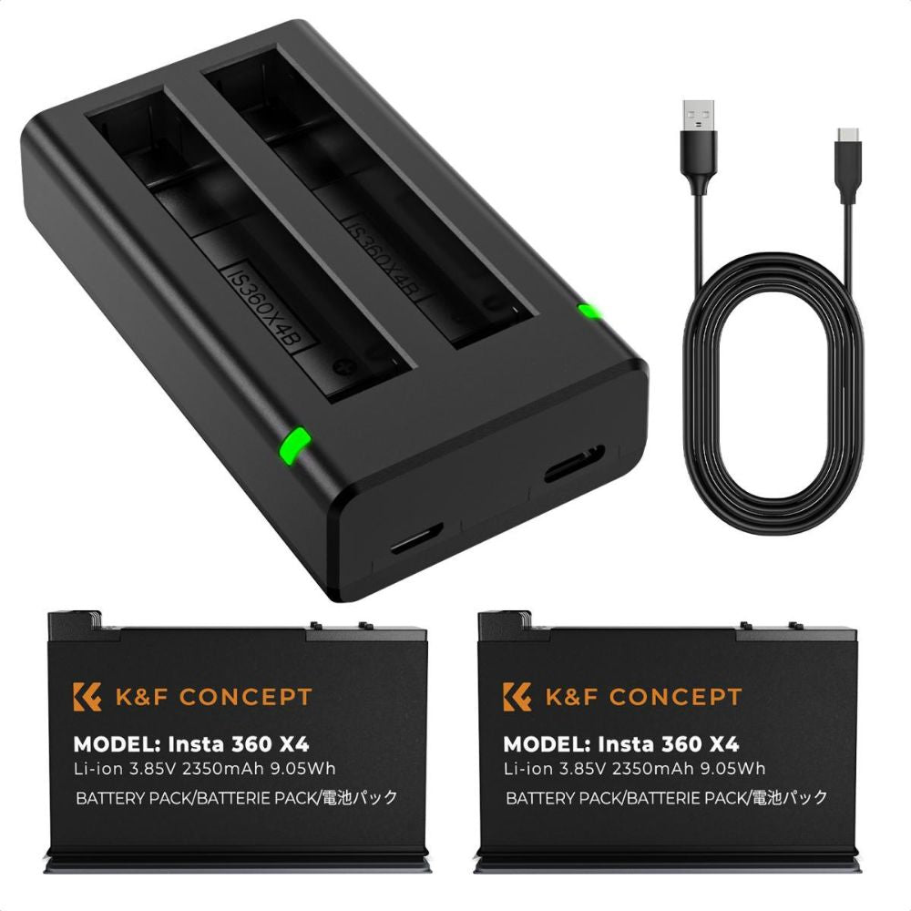 K&F Concept Insta 360 X4 2pcs (2-Pack) 2350mAh Battery + Smart LED Dual Bay Charger Set Kit with USB Type-C / Micro USB Port, Overall Charging Protection for Insta360 Action Camera