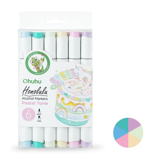 Ohuhu Honolulu 6 Colors Pastel Tone Alcohol Based Dual Tip Art Markers with Mignonette G110, Buttercup Yellow Y120, Turquoise Green Light PB10, Light Pink RV280, Sky Blue PB1, Pastel Violet P3 Colored Pens for Arts & Craft and Stationery