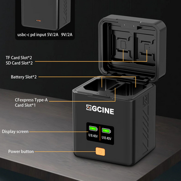 ZGCINE LPE6 Charging Case Dual Battery Charger for Canon LP-E6 / E6N / E6NH / E6P Camera Batteries with 0.96" OLED Display, USB-C PD Input & Memory Card Storage (CFexpress Type-B, SD, microSD) | PS-LPE6