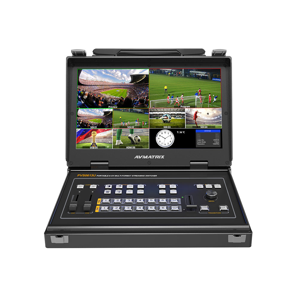 AVMATRIX PVS0613U Portable 6-Channel SDI/HDMI Multi format Streaming Switcher with 13.3" Display Monitor IPS FHD 1080p 60Hz Multiviewer for Video Livestreaming, Virtual Studio, Concert and Live Sports