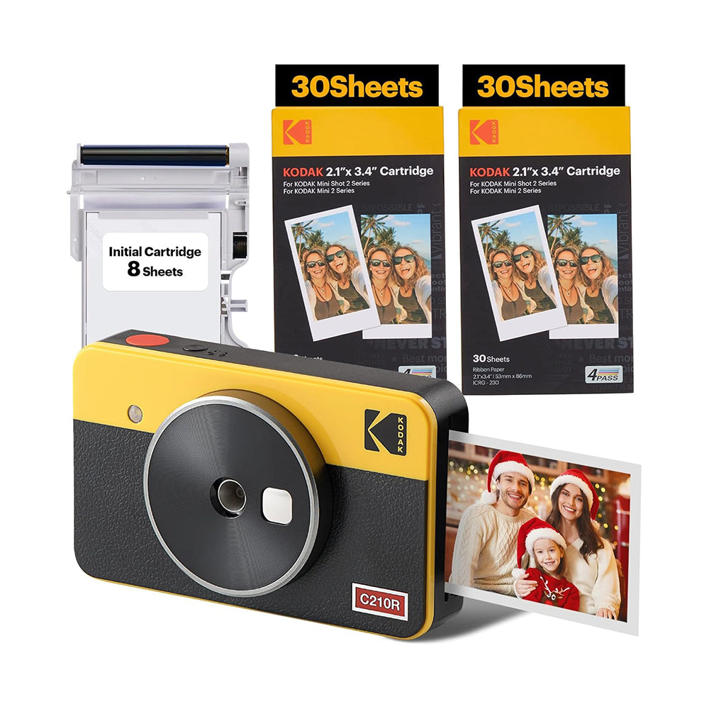 KODAK Mini Shot 2 RETRO 2 in 1 Instant Camera and Photo Printer with 68 Film Sheets Bundle Kit and Accessories 2.1" x 3.4" Prints, 1.77" LCD Display, 4PASS Print Technology, Bluetooth Printing via Mobile Smartphone App (C210R) | Yellow, White