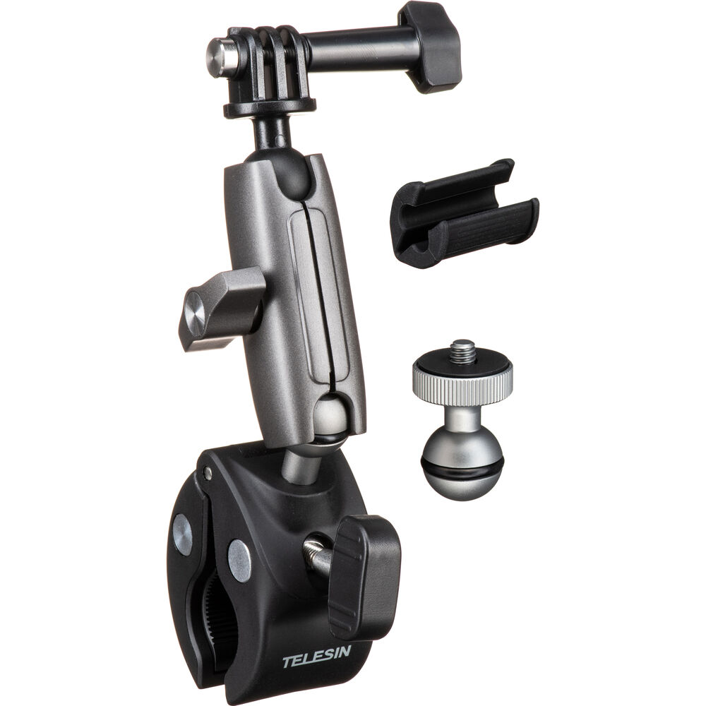 TELESIN Bike & Motorcycle Crab Claw Style Clamp Pipe Mount with Dual 360° Ball Head Swivel Joint, Anti Slip Rubber Grip and Adjustable Angle Lock for Action Cameras