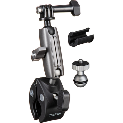 TELESIN Bike & Motorcycle Crab Claw Style Clamp Pipe Mount with Dual 360° Ball Head Swivel Joint, Anti Slip Rubber Grip and Adjustable Angle Lock for Action Cameras