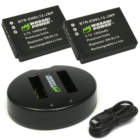 Wasabi Power EN-EL12 ENEL12 (2 Pack) 3.7V 1450mAh Battery and Dual USB Charger Kit for Select Nikon AW, Coolpix, Key Mission, P300 P310 P340, S31 S70 S610 S800c S9900s Digital Camera