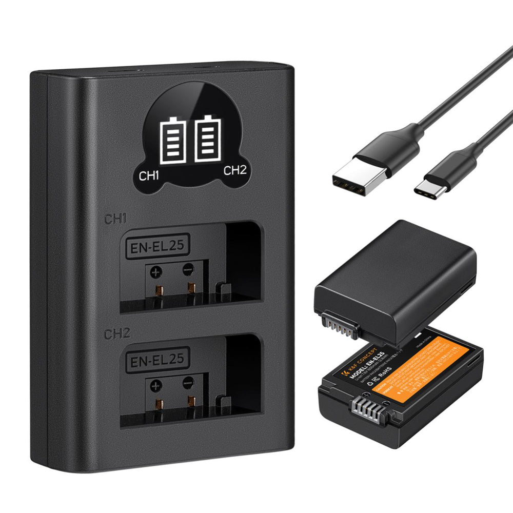 K&F Concept EN-EL25 EN-EL25A 1600mAh Battery and Charger Set (2-Pack) for Nikon Z 30 Z 50 Z fc Mirrorless Camera with LCD Display, Micro USB & Type C Charging Slots | ENEL25 EN EL25