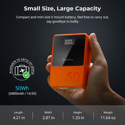 SmallRig VB50 Mini V Mount Battery (50Wh) with Safe & Fast Bi-Directional Charging, Multiple Interfaces & OLED Display for Cameras, Camcorders, Drones, Gimbals, Phones, Tablets, Laptops, Video Lights & Field Monitors | 3579 Black