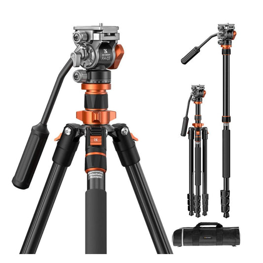 K&F Concept 4-Section Tripod Monopod and 360 Degree Panoramic Fluid Hydraulic Head with Arca Swiss QR Plate, 5Kg Max Load Capacity and 83" Max Operating Height for Videography and Photography | KF09-136