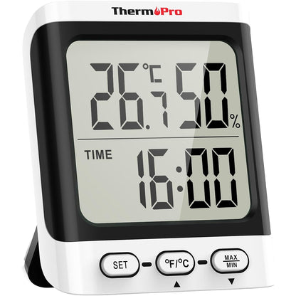 ThermoPro TP152 Indoor Hygrometer & Thermometer with Clock, Accurate Temperature & Humidity Monitor, Large LCD Display, Max/Min Records, for Living Room, Kitchen, Home, Office, Greenhouse, Baby Room and Wine Cellar