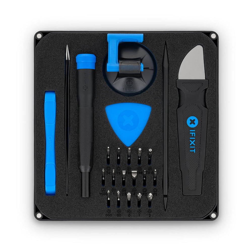 iFixit Essential Electronics Tool Kit with 16 Precision Screwdriver Bits, Magnetized Driver Handle, Integrated SIM Eject Tool, Angle Precision Tweezers, Spundger, and Suction Handle for Computers and Smartphones