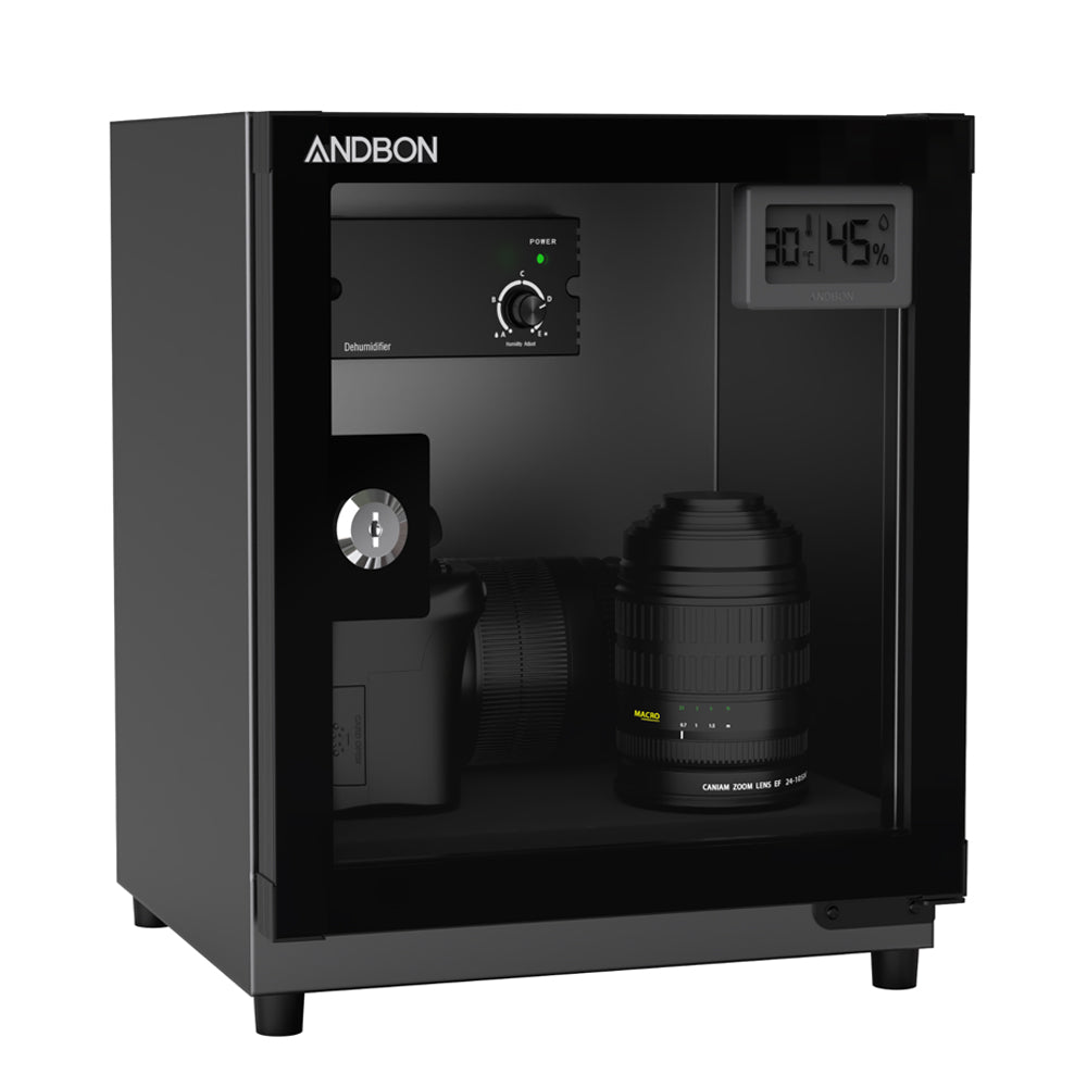 Andbon AB-18C 18L Electronic Dry Cabinet Moisture Proof Dehumidifying Box with 30-60%RH, Noiseless, Analog Digital LCD Display, Controller Knobs and Key Lock Security for DSLR Mirrorless Cameras & Lens Lenses | Metallic Grey, Silver Black, Amber Orange