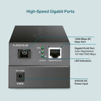 TP-Link TL-FC311A-20 Gigabit RJ45 to 1000Mbps Single-mode SC WDM Bi-Directional Media Fiber Converter Extends Up to 20km, Supports Auto-MDI/MDIX, Half/Full Duplex Wireless Networking