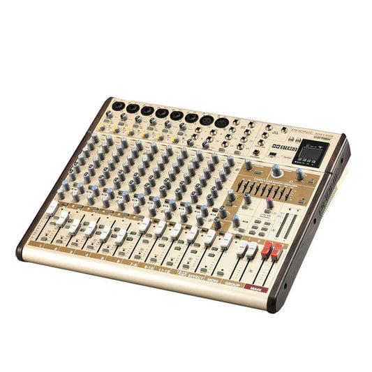 Phonic AM-14GE Gold Edition Compact Mixer with 6 Mono Channels, 2.4GHz Wireless Bluetooth Streaming, +48 VDC Phantom Power, 4-Stereo Input 2-Group Mixer with DFX, TF Recorder, and USB Interface