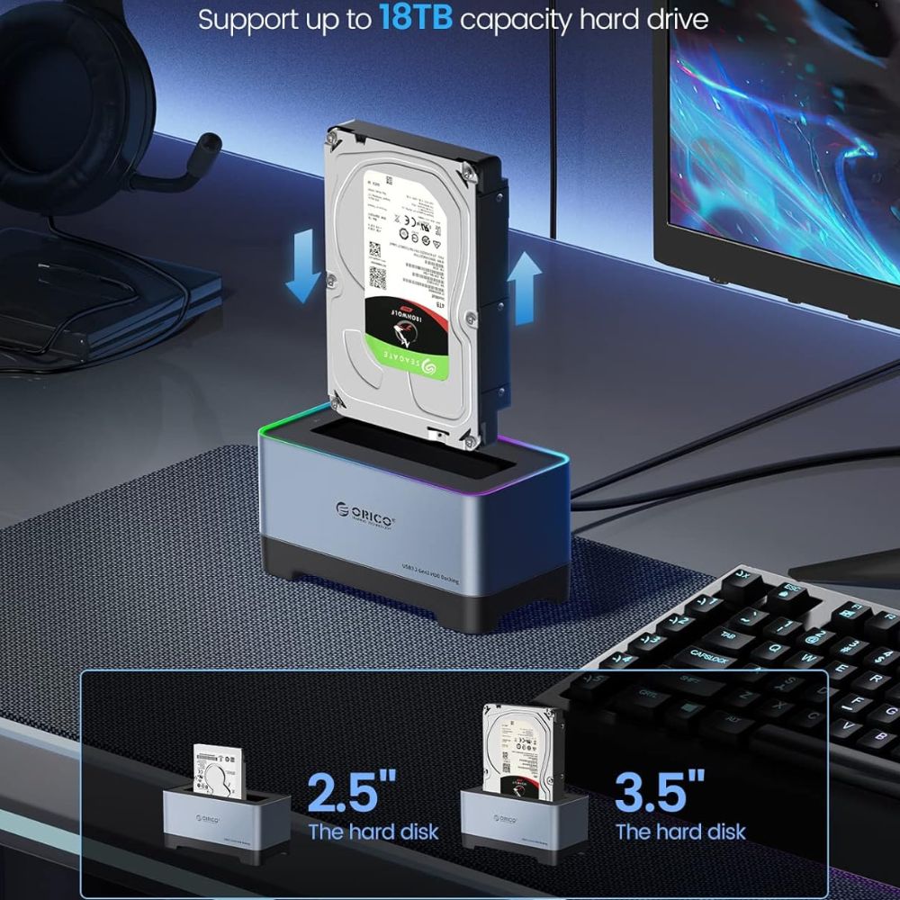 ORICO 2.5-3.5" SATA SSD/HDD to USB 3.2 Gen 2 Type-C RGB Hard Drive Docking Station with 10Gbps Transmission Rate, 18TB Supported Storage Per Bay, 2-in-1 Data Cable for Computer Desktops & Laptops (Windows, MacOS & Linux)