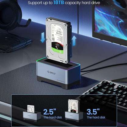 ORICO 2.5-3.5" SATA SSD/HDD to USB 3.2 Gen 2 Type-C RGB Hard Drive Docking Station with 10Gbps Transmission Rate, 18TB Supported Storage Per Bay, 2-in-1 Data Cable for Computer Desktops & Laptops (Windows, MacOS & Linux)