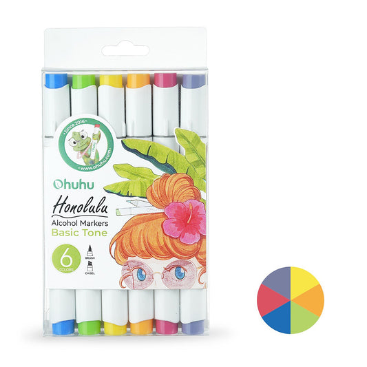 Ohuhu Honolulu 6 Colors Basic Tone Alcohol Based Dual Tip Art Markers with Acid Yellow Y070, Chrome Orange YR170, Dark Lavender V450, May Green G170, Ultramarine B190, Strong Red R230 Colored Pens for Arts & Craft, Stationery, and Drawing