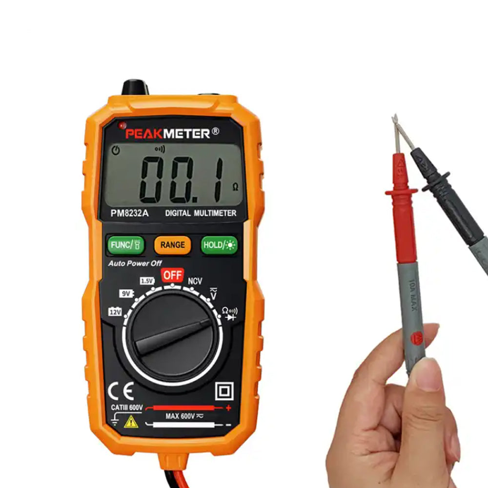 Peakmeter PM8232A  Auto Range Pocket Digital Multimeter Voltmeter with Dual Test Leads for AC / DC Voltage Tester, Resistance, 1.5V / 9V / 12V Battery with NCV Voltage Detection & Flashlight