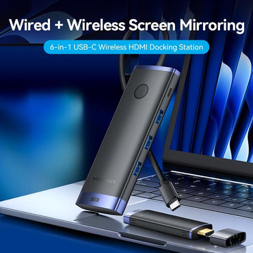 Vention 6-in-1 USB-C Wireless Transmitter TX & HDMI Receiver RX Docking Station with 4K/30Hz / 1080p/60Hz HD Screen Mirroring Resolution, 5Gbps Transfer Speed, 50M Range for PC, Computer, Laptop, Tablet, Smartphone to TV, Monitor, Projector