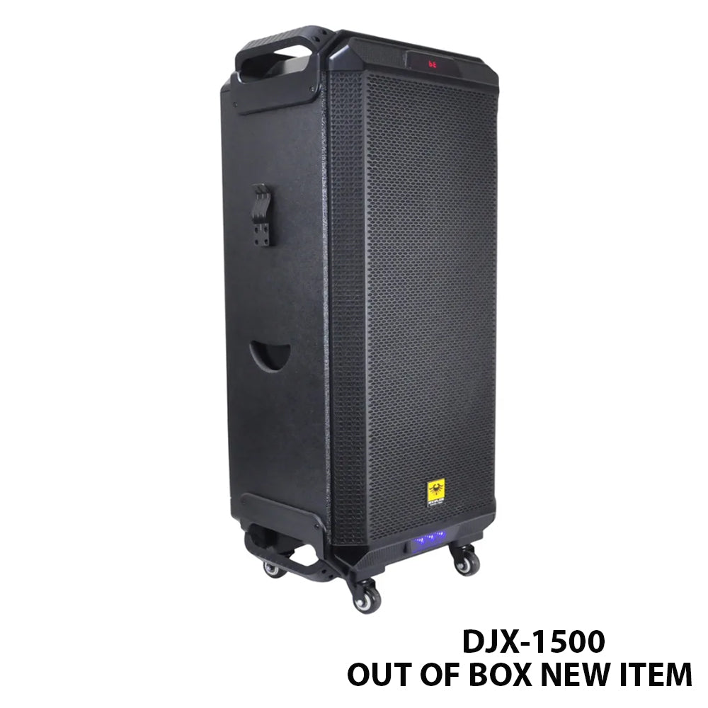 KEVLER DJX-1500 15" 800W 3-Way Full Range Rechargeable Active Trolley Speaker with Dual Wireless Mic Selectable Frequency, USB / FM / Bluetooth Function, 2 AUX, Mic, and Guitar Inputs