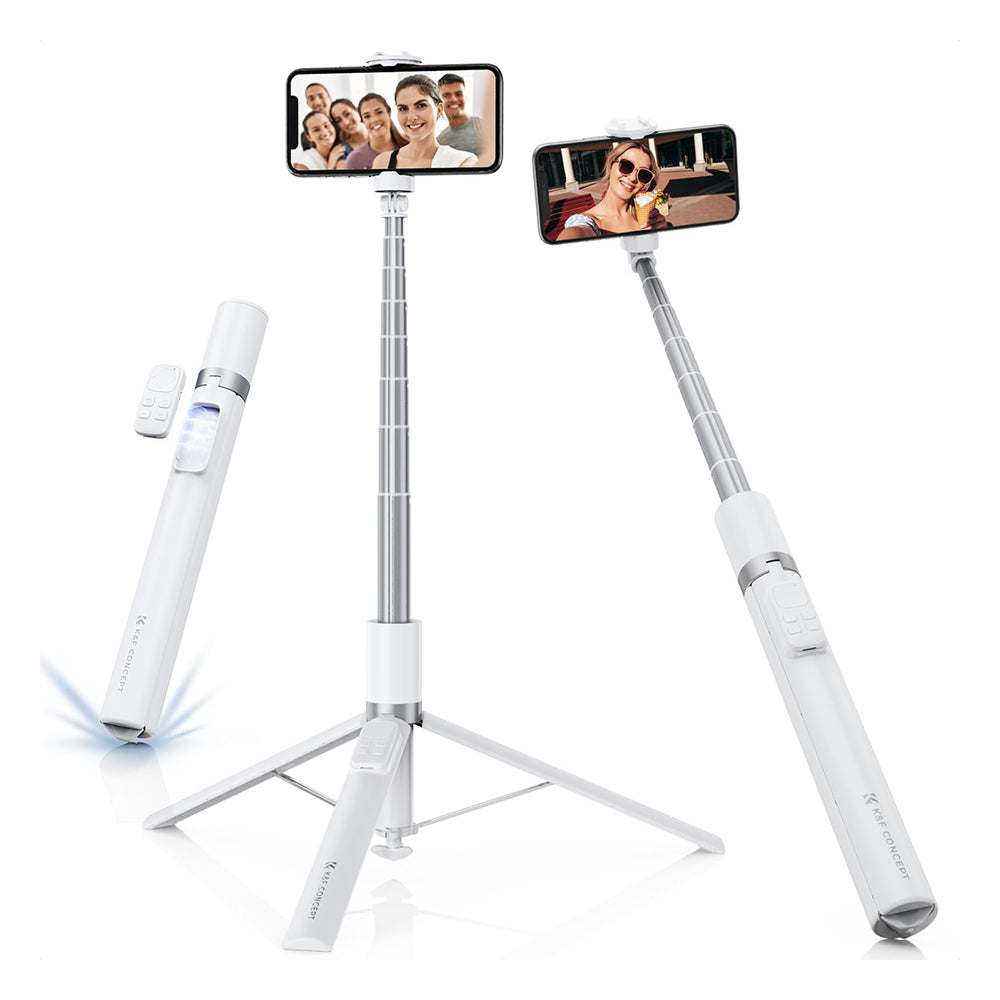 K&F Concept Rotatable Automatic Tripod Selfie Stick with 9-Button Bluetooth Remote, 68.9" (157cm) Max Height, Cold Shoe Mount, Quick Open & Fold Magnetic Legs for Smartphone Live Streaming Travel & Content Creation - White, Black