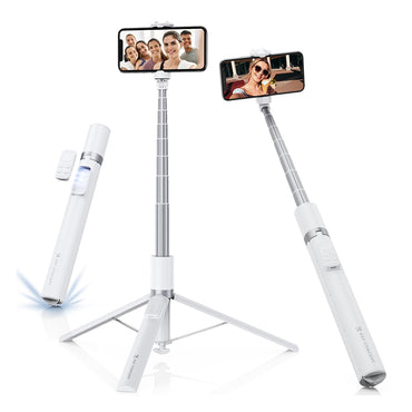 K&F Concept Rotatable Automatic Tripod Selfie Stick with 9-Button Bluetooth Remote, 68.9" (157cm) Max Height, Cold Shoe Mount, Quick Open & Fold Magnetic Legs for Smartphone Live Streaming Travel & Content Creation - White, Black