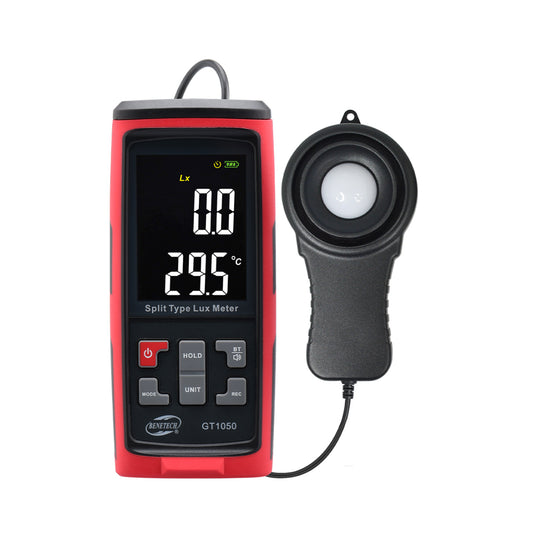 Benetech GT1050 Split Type Digital Light Lux Meter with Light Temperature Thermometer, Colored LCD Display, & Spiral Spring Cable Type Illuminance Meter for Luminosity Measuring & Monitoring Instrument Tool