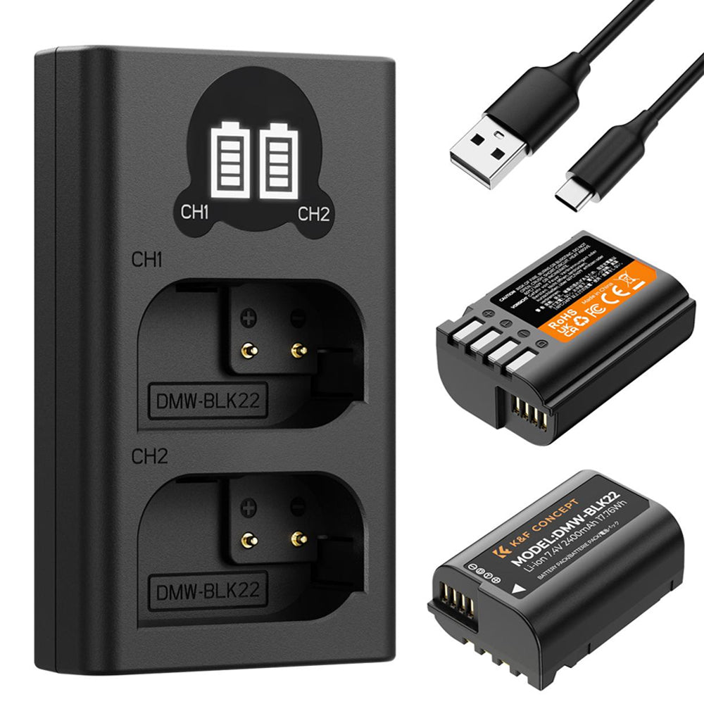 K&F Concept (2-PC) DMW-BLK22 Battery & Charger Kit - 2400mAh Batteries & Dual Charging Dock with Micro-USB/Type-C Input for Panasonic Lumix DC-G9 II, DC-S9, DC-S5 II, DC-S5 IIX, DC-S5K, DC-S5GK, GH5II, GH5M2, GH6 Cameras | DMWBLK22