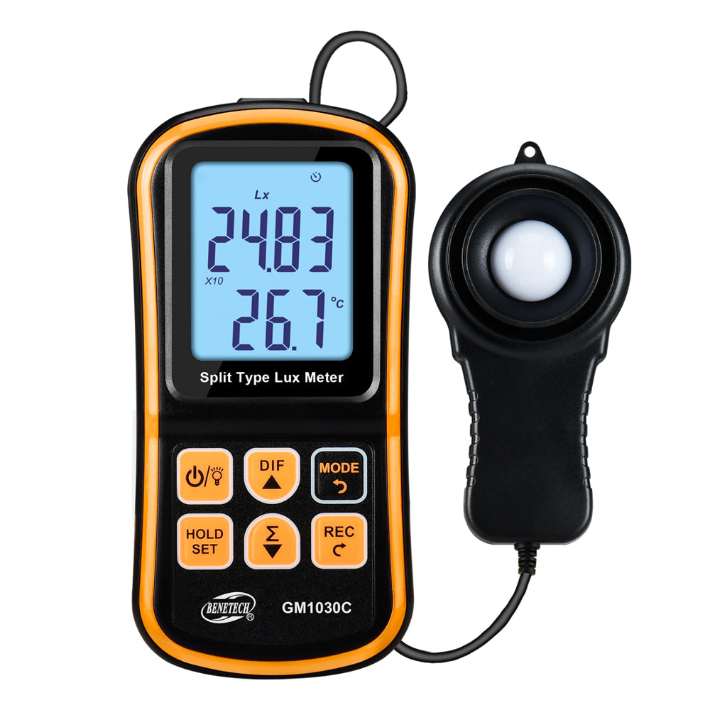 Benetech GM1030C / GM1030 Split Type Digital Light Lux Meter with Light Temperature Thermometer, LCD Display, & Spiral Spring Cable Type Illuminance Meter for Luminosity Measuring & Monitoring Instrument Tool