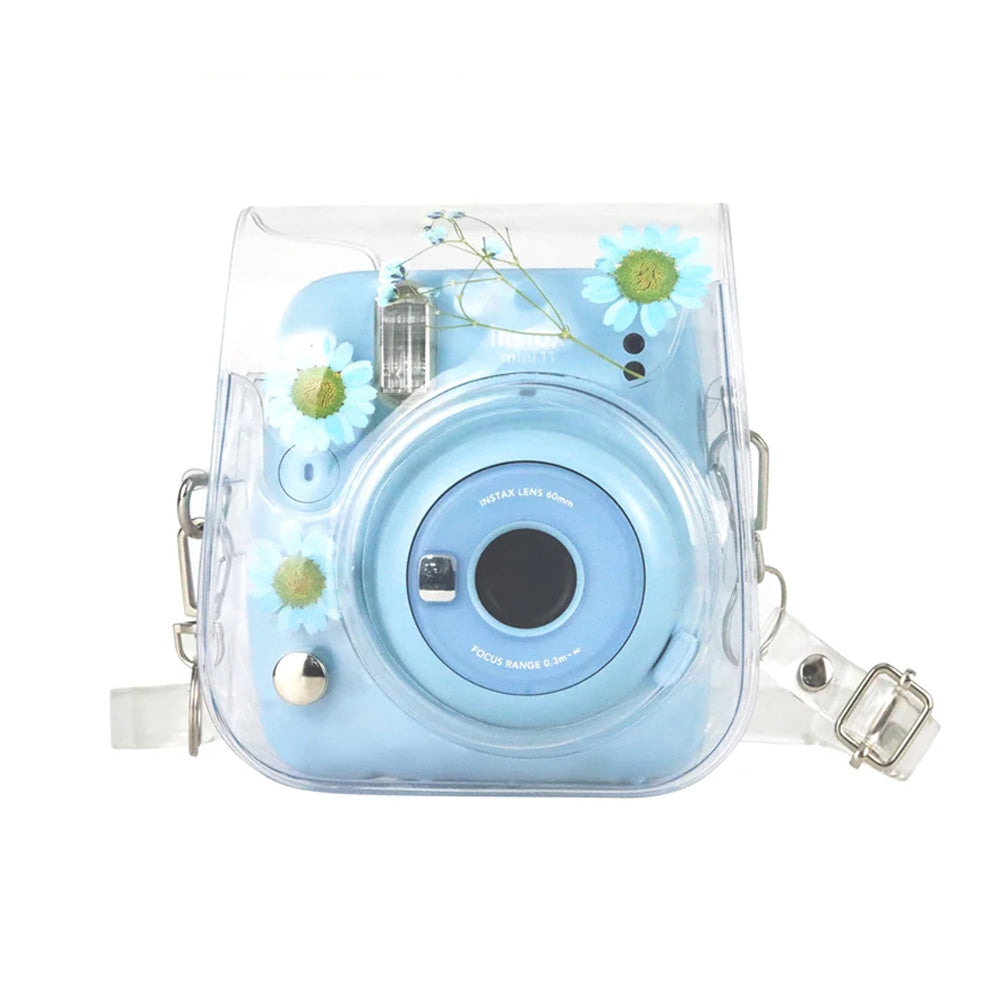 Pikxi Dried Daisy Flowers Clear Case with Sling Bag Type Strap for FUJIFILM Instax Mini 12 Instant Film Camera - Yellow, Pink, Blue, Purple