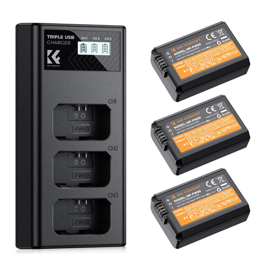 K&F Concept NP-FW50 (3-Pack) 1100mAh Rechargeable Camera Battery and Triple Slot Charger Kit with USB Type-C / Micro B Input for Sony Alpha 7, Alpha 7R, A7S, A7M2, NEX-3, NEX-5, NEX-6, NEX-7, NEX-F3, SLT-A33 Cyber-Shot, DSC-RX10