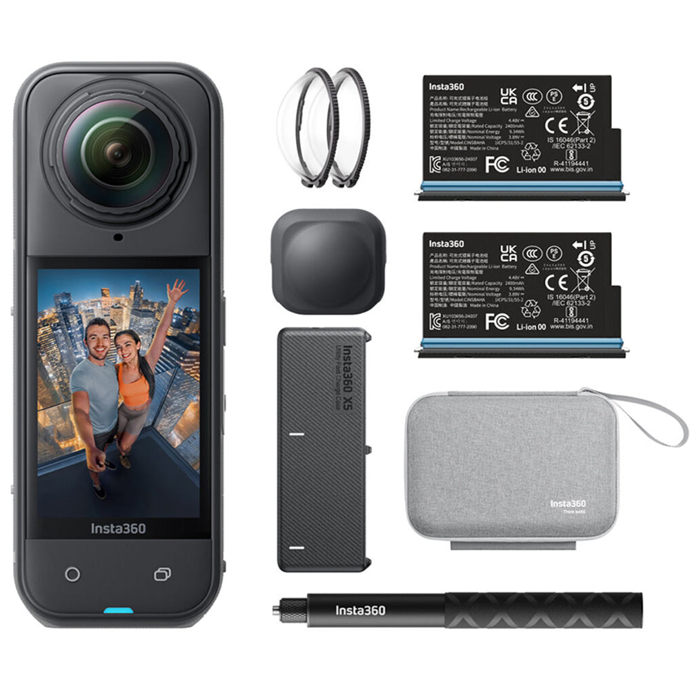 Insta360 X5 8K UHD 360° Action Camera Essential Bundle Kit with CMOS 72MP, Active HDR, Replaceable Lens, 49ft Waterproof, 2400mAh Max 185Mins Battery Life, Horizon Lock & Invisible Selfie Stick Effect for Content Creation & Videographers