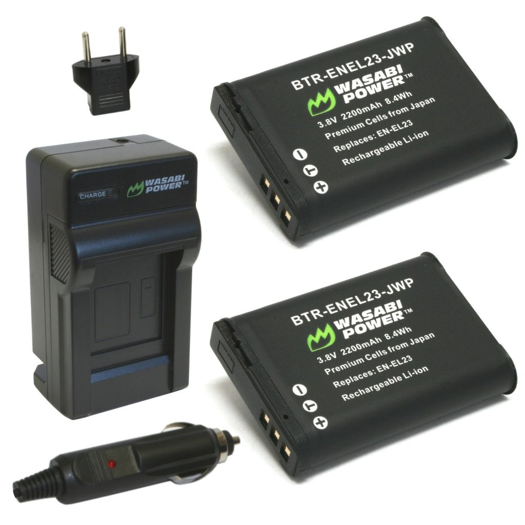 Wasabi Power EN-EL23 ENEL23 (2 Pack) 3.8V 2200mAh Battery and Charger Kit with Power Indicator, Built-In Fold Out US Plug, Car Charger and Euro Plug Adapter for Nikon Coolpix B700 P600 P610 P900 P900s S810c Compact DLSR Camera