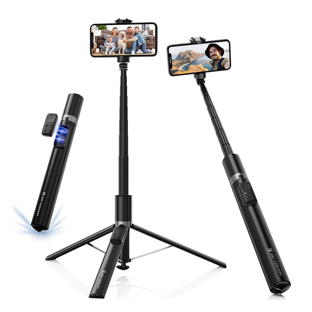 K&F Concept Rotatable Automatic Tripod Selfie Stick with 9-Button Bluetooth Remote, 68.9" (157cm) Max Height, Cold Shoe Mount, Quick Open & Fold Magnetic Legs for Smartphone Live Streaming Travel & Content Creation - White, Black