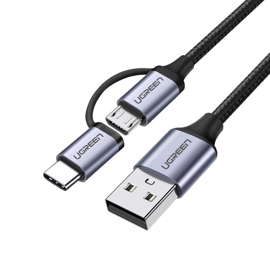 UGREEN 1m USB A to Micro USB + USB Type C Cable with Fast Charging Feature, 480 Mbps of Data Transfer, and Aluminum Alloy + Nylon Braided Material for Windows, Mac OS, Linux, and Smartphones