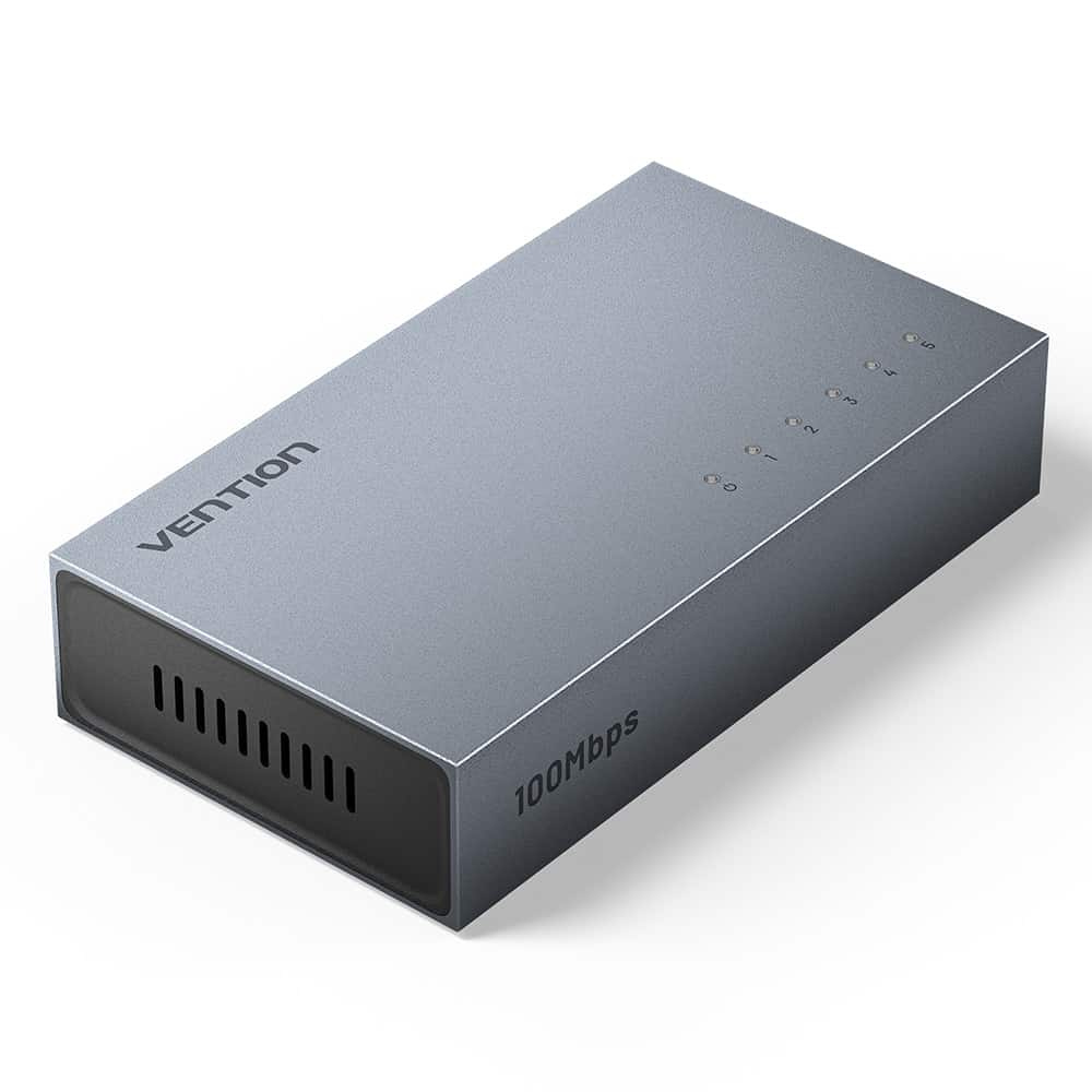 Vention 5-Port 100Mbps Fast Ethernet RJ45 LAN Network Switch with 5V DC Power Output and Dual Side Ventilation – Plug & Play for Computer, Desktop, PC, TV, CCTV, Game Consoles, Modem, and Router