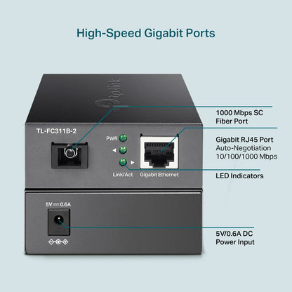 TP-Link TL-FC311B-2 Gigabit RJ45 to 1000Mbps Single-mode SC WDM Bi-Directional Media Fiber Converter Extends Up to 2km, Supports Auto-MDI/MDIX, Half/Full Duplex Wireless Networking