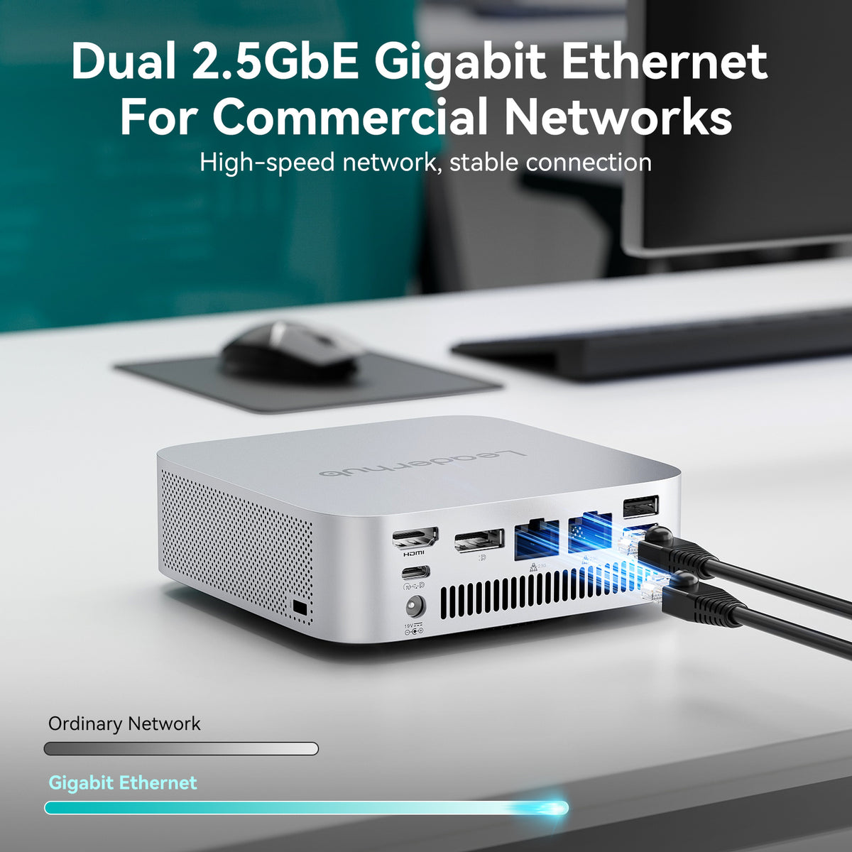 LeaderHub AD8 Mini PC with AMD Ryzen 7 H 255 32GB LPDDR5X 1TB Gen4 SSD Dual 2.5GbE Wi-Fi 6 4K Display