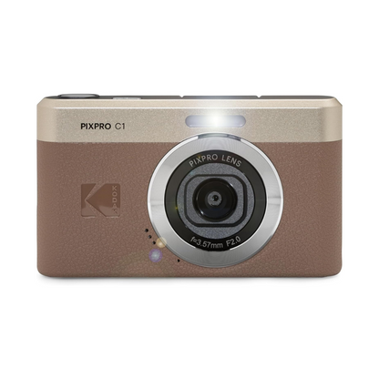 KODAK PIXPRO C1 Compact Digital Camera with 16GB TF Card & Card Reader Bundle Set, 180° LCD Flip Screen, 26mm Fixed Focus Lens, 4x Digital Zoom, 13MP CMOS Sensor, Full HD Video, Built-In Li-Ion Battery | Black Brown