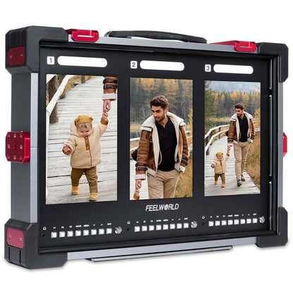 FEELWORLD PS101 Triple 10.1" IPS Vertical Screen Carry On LCD Video Monitor w/ HDR, 4K HDMI / 1080p 3G-SDI Input Output, 1000 Nits, Load Custom 3D LUTs, 3 Tally Sigl Lights, Full Programmable Buttons & V-Mount Battery Plate