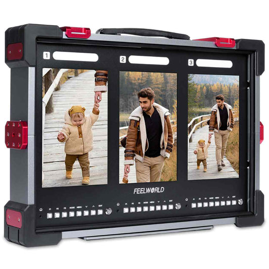 FEELWORLD PS101 Triple 10.1" IPS Vertical Screen Carry On LCD Video Monitor w/ HDR, 4K HDMI / 1080p 3G-SDI Input Output, 1000 Nits, Load Custom 3D LUTs, 3 Tally Signal Lights, Full Programmable Buttons & V-Mount Battery Plate