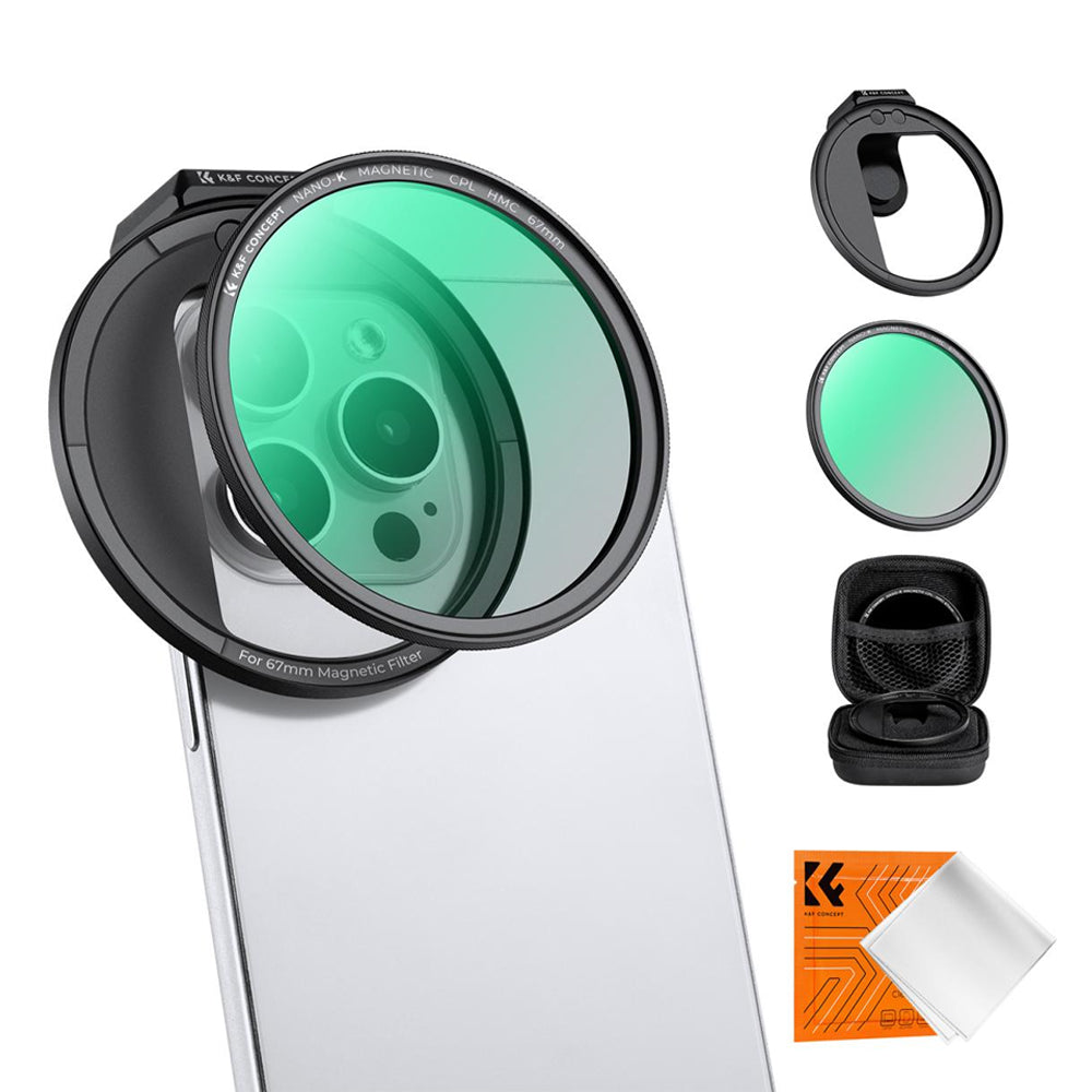 K&F Concept 67mm CPL Circular Polarizer Magnetic Lens Filter for iPhone 15 14 13 12 11 Smartphone with Clip and Cold Shoe Mount