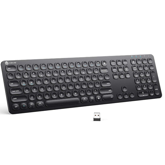 iClever GKA38B 110 Keys 2.4Ghz Wireless Keyboard with Scissor Type Switches, 280mAh Rechargeable, Max 33ft Connection, Ultra Thin Stainless Steel for Windows Mac Desktop PC Computer