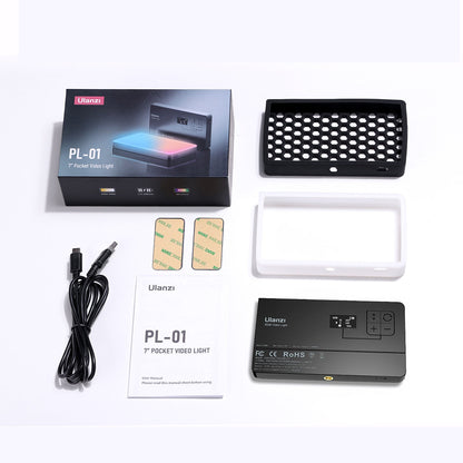 Ulanzi LT002 7" RGB LED Video Light 2500K-9000K Pocket Fill Light with 120 Degree Lighting Angle, 10W 4000mAh Battery Capacity, Scene Light Effects, 1.5m Type C Power Cable, Soft Light Hood, Honeycomb Cover & Magnetic Patch B01002